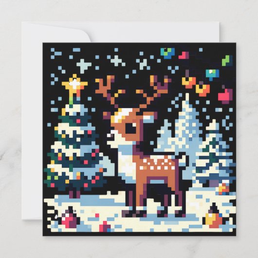Pixel Art Rendier in de sneeuw Kerstmis Feestdagenkaart (Voorkant)