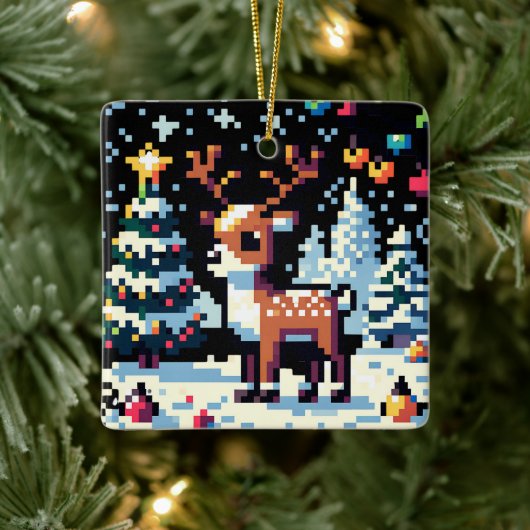 Pixel Art Rendier in de sneeuw Kerstmis Keramisch Ornament (Boom)