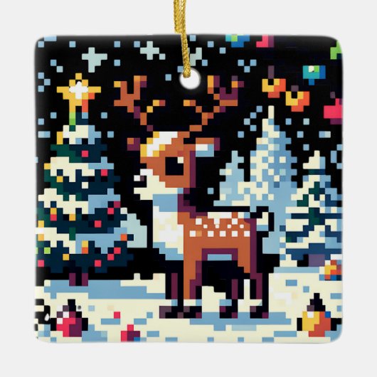 Pixel Art Rendier in de sneeuw Kerstmis Keramisch Ornament (Voorkant)