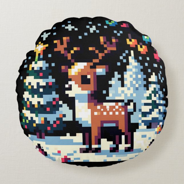 Pixel Art Rendier in de sneeuw Kerstmis Rond Kussen (Voorkant)