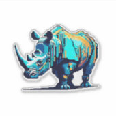 Pixel Art Rhino Cyan Orange Retro 8-Bit Arcade Sticker (Voorkant)