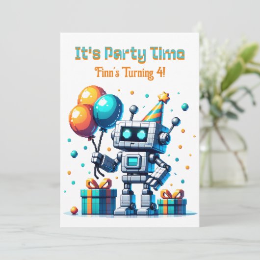 Pixel Art Robot Boy's Verjaardagsfeest Kaart (Staand voorkant)