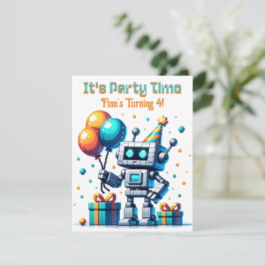 Pixel Art Robot Boy's Verjaardagsfeest Kaart (Staand voorkant)
