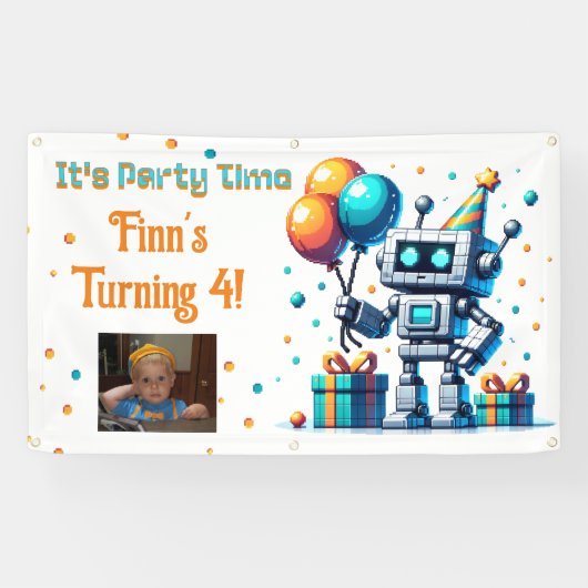 Pixel Art Robot Boy's Verjaardagsfeest Spandoek (Horizontaal)