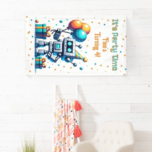 Pixel Art Robot Boy's Verjaardagsfeest Spandoek (Insitu)