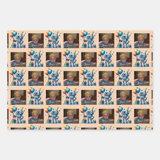 Pixel Art Robot in Oranje en Blauwgroen Verjaardag Inpakpapier Vel (Voorkant 3)