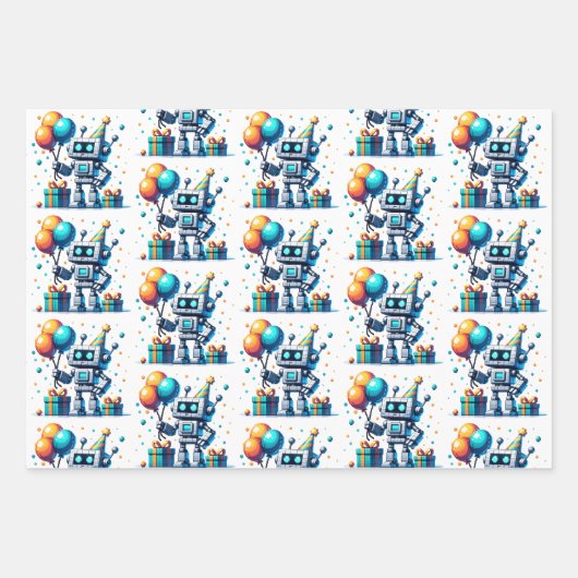 Pixel Art Robot in Oranje en Blauwgroen Verjaardag Inpakpapier Vel (Voorkant)