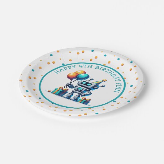 Pixel Art Robot in Oranje en Blauwgroen Verjaardag Papieren Bordje (Gekanteld)