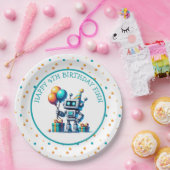 Pixel Art Robot in Oranje en Blauwgroen Verjaardag Papieren Bordje (Feest)