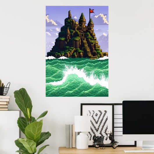 Pixel art, Rock, Castle, zee | AI Art. Poster (Thuiskantoor)