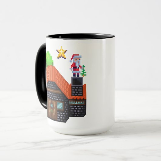 Pixel Art Santa op het dak Kerststal Mok (Voorkant links)