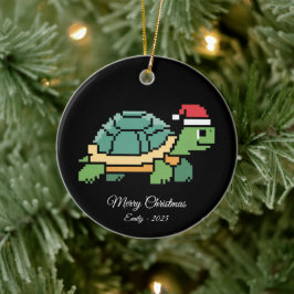 Pixel Art Schildpad Santa Hoed Keramisch Ornament