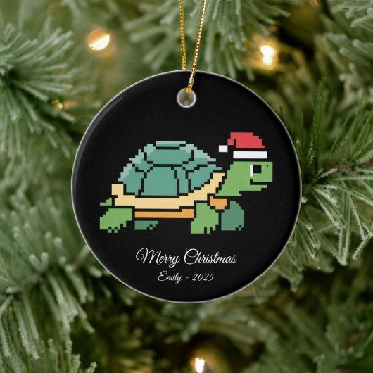 Pixel Art Schildpad Santa Hoed Keramisch Ornament (Boom)