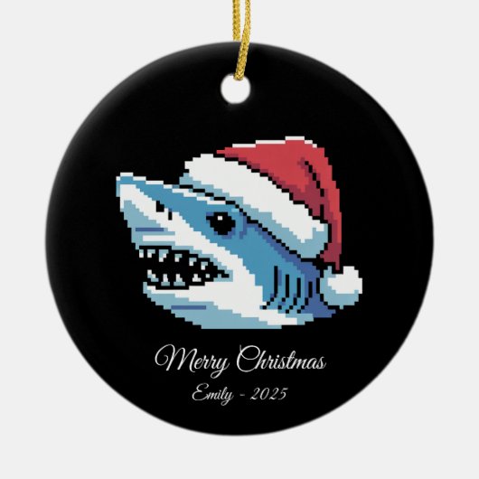 Pixel Art Shark Santa Hat Keramisch Ornament (Voorkant)