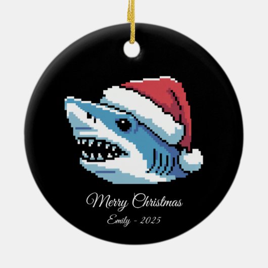 Pixel Art Shark Santa Hat Keramisch Ornament (Achterkant)