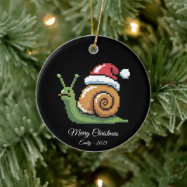 Pixel Art Snail Santa Hat Black Keramisch Ornament