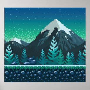 Pixel Art: Sneeuwrijke bergen 's nachts. Poster