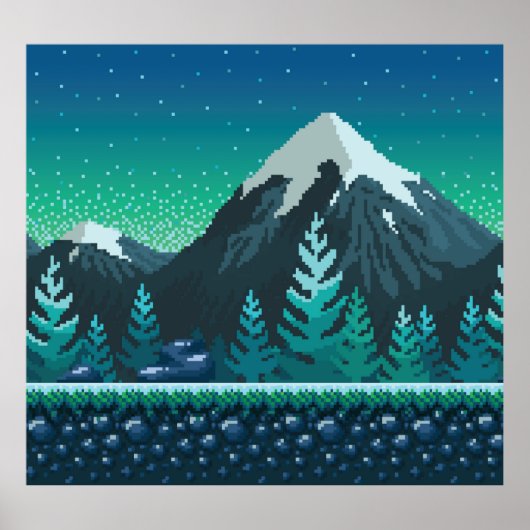 Pixel Art: Sneeuwrijke bergen 's nachts. Poster (Voorkant)
