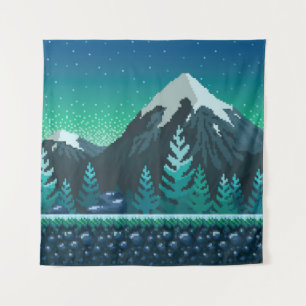 Pixel Art: Sneeuwrijke bergen 's nachts. Wandkleed