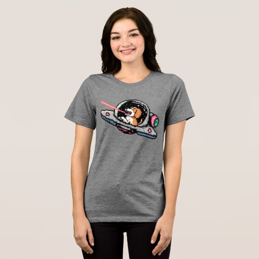 Pixel Art Space Dog - Laser Blaster Pilot Tri-Blend Shirt (Voorkant volledig)