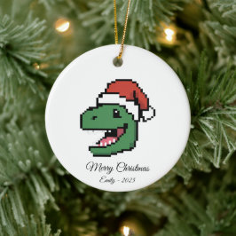 Pixel Art T-Rex Dinosaur Kerstman Hoed Kerstcadeau Keramisch Ornament