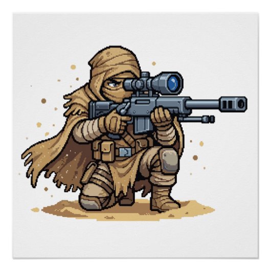 Pixel Art Tactische Sluipschutter Soldaat Woestijn Perfect Poster (Voorkant)