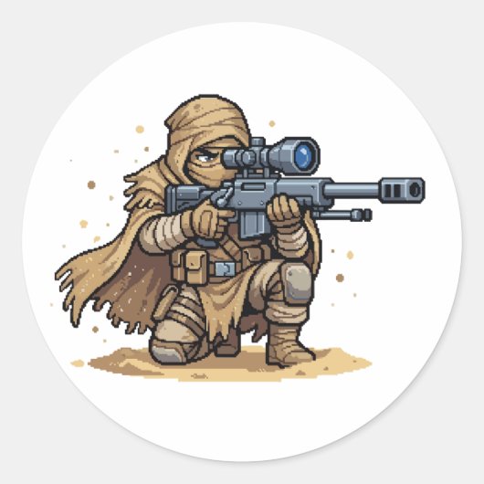 Pixel Art Tactische Sluipschutter Soldaat Woestijn Ronde Sticker (Voorkant)