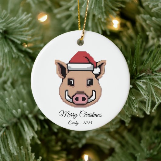 Pixel Art Wild Boar Warthog Santa Hat Gift Keramisch Ornament (Boom)