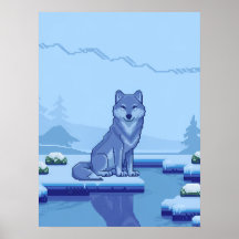Pixel Art Wolf in een besneeuwd landschap