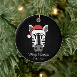 Pixel Art Zebra Kerstman Hoed Zwarte Achtergrond C Keramisch Ornament