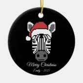 Pixel Art Zebra Kerstman Hoed Zwarte Achtergrond C Keramisch Ornament (Voorkant)