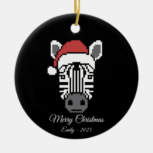 Pixel Art Zebra Santa Hat Black Background Gift Keramisch Ornament (Voorkant)