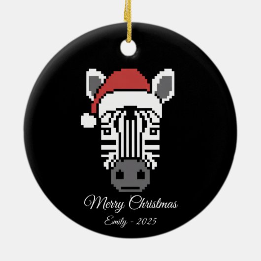 Pixel Art Zebra Santa Hat Black Background Gift Keramisch Ornament (Achterkant)