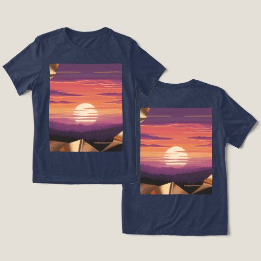 Pixel Art Zonsondergang Blauwe T-Shirt (Ontwerp Voorkant & Achterkant)