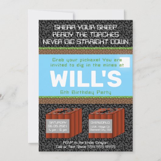 Pixel Block Gaming Birthday Invitation Kaart (Voorkant)