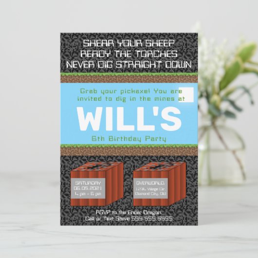 Pixel Block Gaming Birthday Invitation Kaart (Staand voorkant)