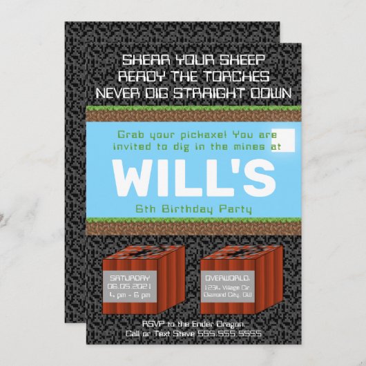 Pixel Block Gaming Birthday Invitation Kaart (Voorkant / Achterkant)