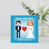 Pixel Bride en Groom - sparen de Datum - Blauw Save The Date (Staand voorkant)
