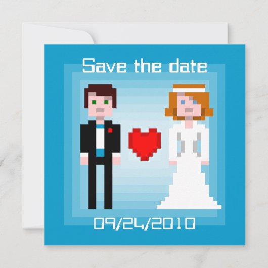 Pixel Bride en Groom - sparen de Datum - Blauw Save The Date (Voorkant)