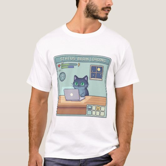 Pixel Cat Brain Loading – Funny Retro Gamer Cat T-shirt (Voorkant)
