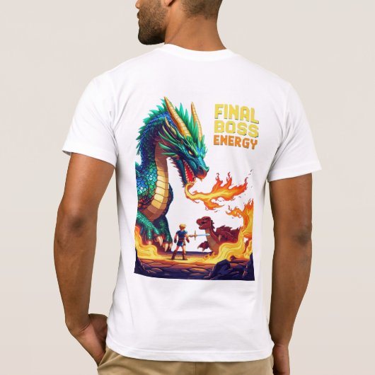 Pixel drakenbaas die vuur blaast op kleine held t-shirt (Achterkant)