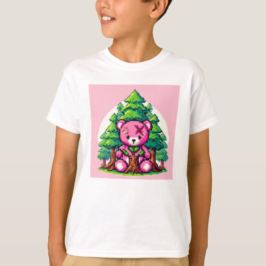 Pixel Friends: Bosbescherming (roze beer) #09 T-shirt (Voorkant)
