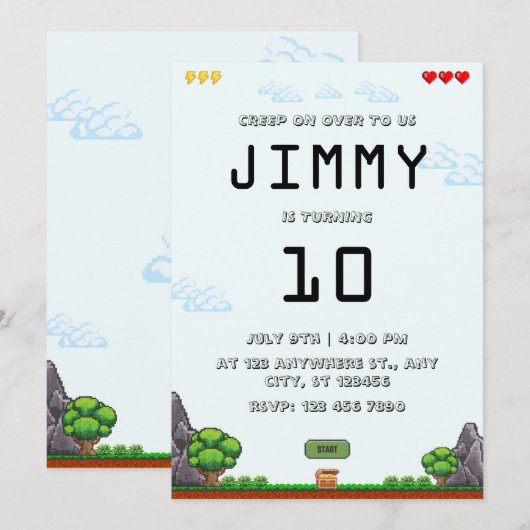 Pixel Game Uitnodiging voor verjaardag (Voorkant / Achterkant)