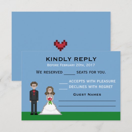 Pixel Gamer Bruid & bruidegom bruiloft RSVP Kaarte (Voorkant / Achterkant)