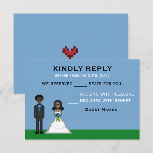 Pixel Gamer Bruid & bruidegom bruiloft RSVP Kaarte (Voorkant / Achterkant)