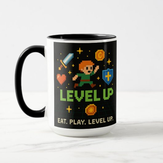 Pixel Gamer Mug – Level Up Retro Gaming Style Mok (Links)