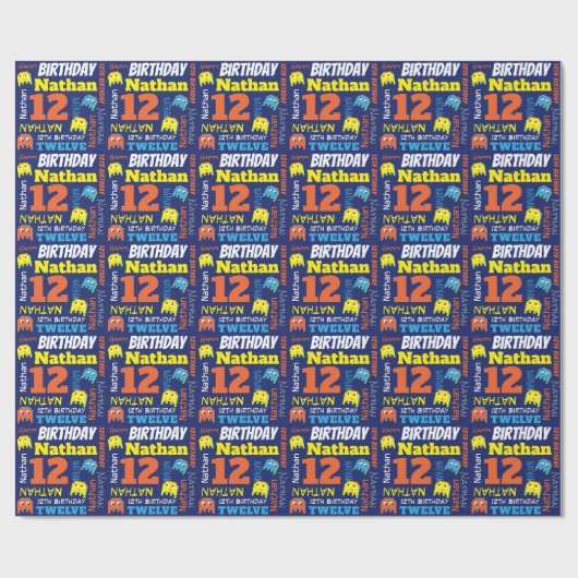 Pixel gaming alien 12-jarig, continu cadeaupapier (Vlak)