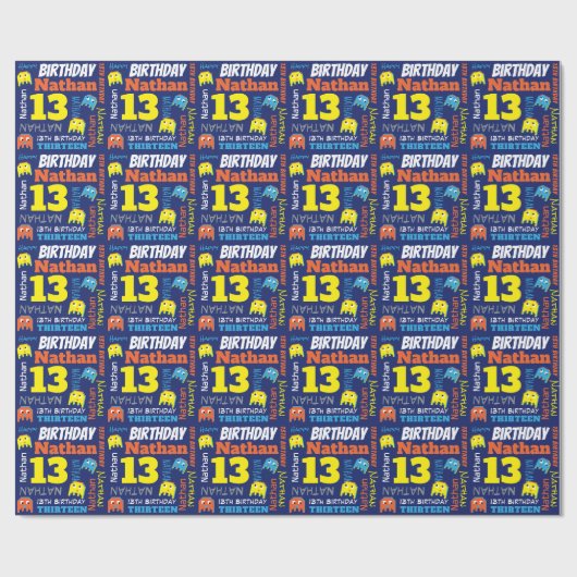 Pixel gaming alien 13e verjaardag, continu cadeaupapier (Vlak)