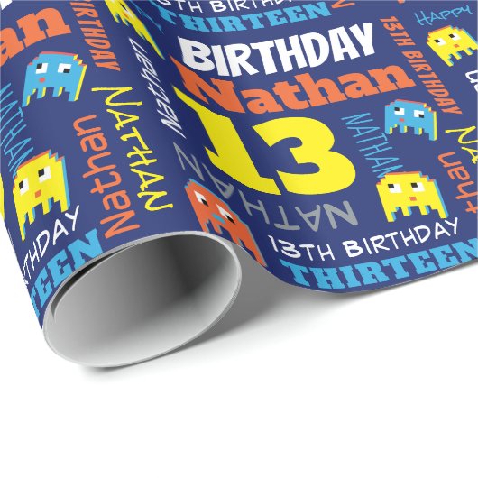 Pixel gaming alien 13e verjaardag, continu cadeaupapier (Rol Hoek)