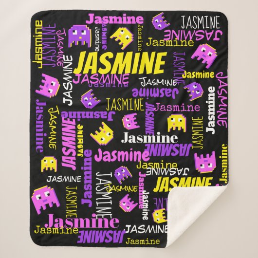 Pixel gaming roze gele zwarte meisjesnaam sherpa deken (Voorkant)